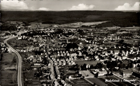 Postcard Michelstadt in the Odenwald, aerial view of Michelstadt, Odenwald, many houses, landscape