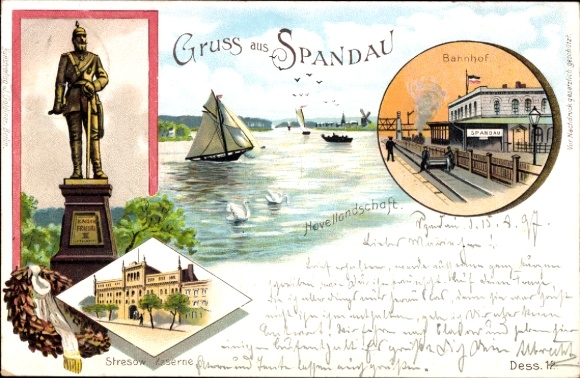 Litho Spandau Berlin, Stresow Kaserne, Havellandschaft, Bahnhof, Kaiser Friedrich III. Denkmal