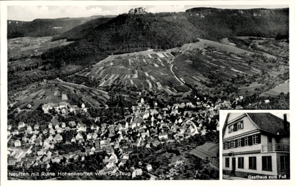 Ak Neuffen in Württemberg, Luftaufnahme von  Ruine Hohenheuffen, Gasthaus zum Faß