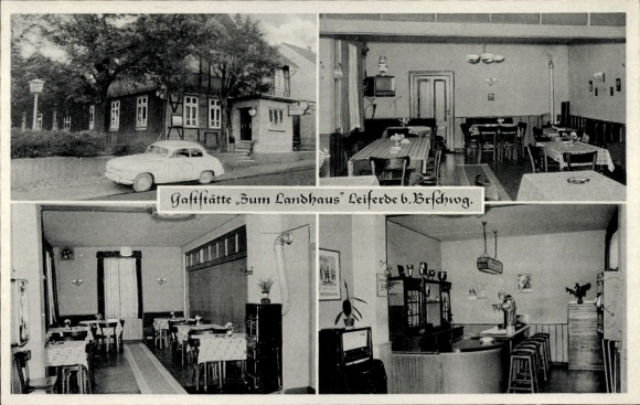 Postcard Leiferde in Lower Saxony, Gasthaus Zum Landhaus, restaurant, hall, club room, coffee, garden