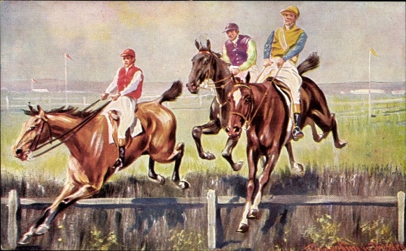 Kunstenaar Ak Donadini, Antonio Ermenegildo, paardenrennen, hordelopen, jockeys