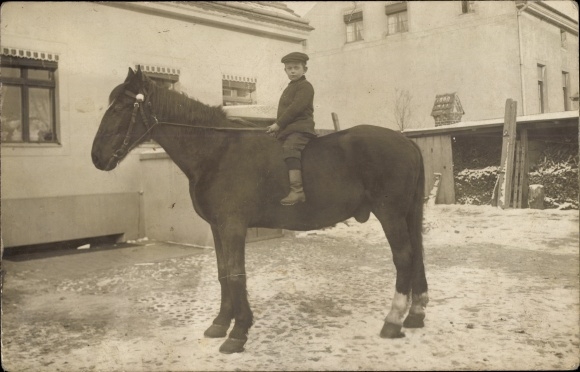 Photo Postcard Berlin Lichtenberg Hohenschönhausen, Hauptstrasse 2, boy on a horse, residential building