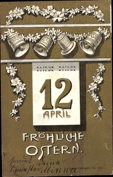 Embossed litho congratulations Easter, calendar, bells, flowers