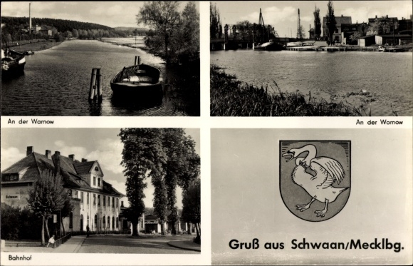 Postcard Schwaan in Mecklenburg, An der Warnow, Bahnhof, coat of arms