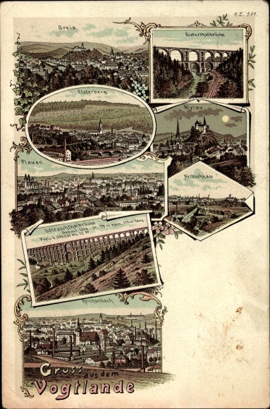 Litho Greiz in Thüringen, Elsterberg, Plauen, Göltzschtalbrücke, Reichenbach, Netzschkau, Mylau