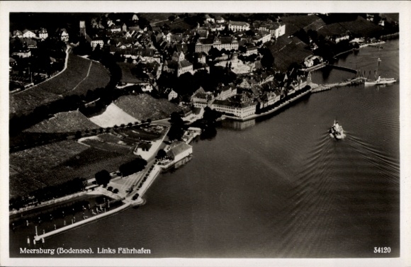 Postcard Meersburg in the Bodenseekreis Baden Württemberg, aerial photograph, ferry port