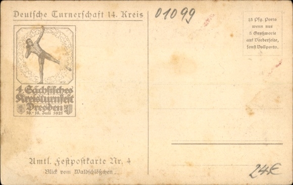 Coat of arms artist Postcard Dresden, 4th Saxon District Gymnastics Festival 1921, city view from the Waldschlösschen