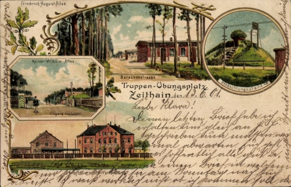 Postcard Zeithain in Saxony, Friedrich August Allee, Kaiser-Wilhelm Allee, entrance to the camp, barracks