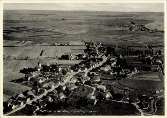 Postcard Möttingen in Swabia, aerial photograph, rural settlement, fields, buildings