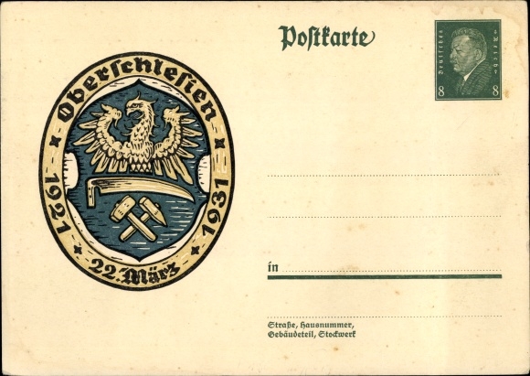 Postal stationery PC Oberschlesien, March 22, 1921 to 1931, coat of arms, 8 Pfennig