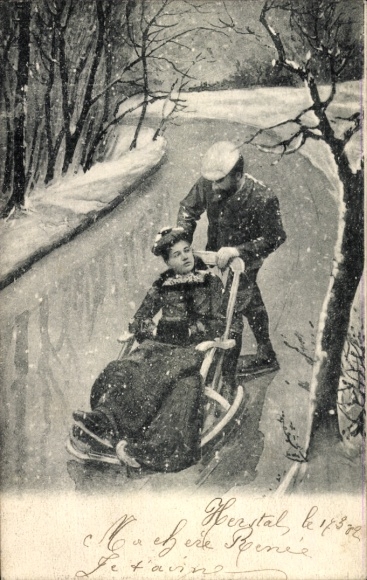Chromo-Litho Lovers ice skating on the lake, sled