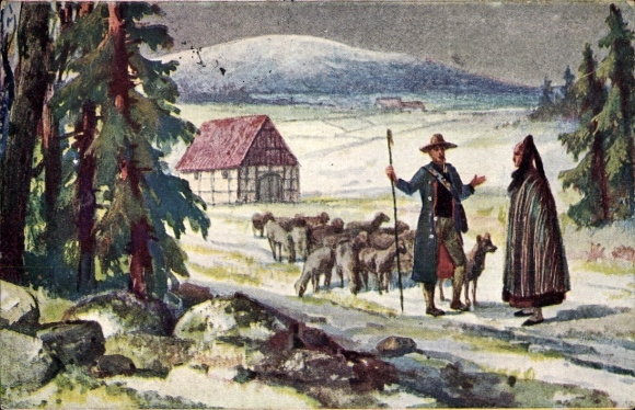 Künstler Ak Harz,  Schäfer mit Schafen und Hund, Fachwerkhaus