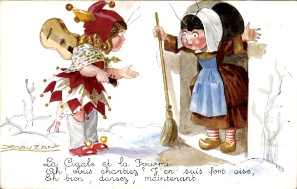 Artist Postcard Mauzan, La Cigale et la Fourmi, Fabel