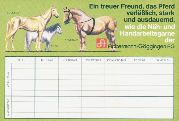 Timetable Advertising, Ackermann Sewing Threads, Schürer Knitting Yarns, Ackermann-Göppingen AG, Horses