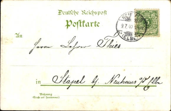 Chromo-Litho Neuhaus an der Elbe, Villa Kampff, Lindenhof, Hotel zur Post, Pastorenhaus, War Memorial