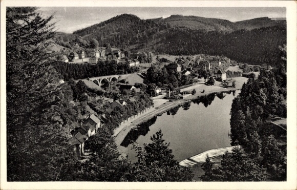 Postcard Ziegenrück on the Saale Thuringia, panoramic view of the town, river, hill, bridge, nature