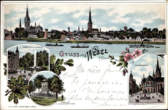 Chromo-Litho Wesel on the Lower Rhine, Kaiserplatz, Kaiserhof, monument, large market