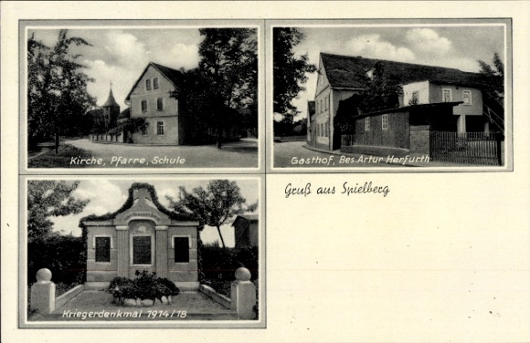 Ak Spielberg Querfurt im Saalekreis, Kirche, Pfarre, Schule, Kriegerdenkmal, Gasthof