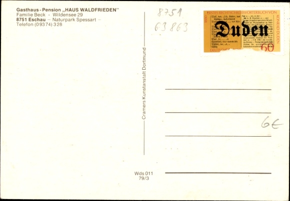 Postcard Wildensee Eschau im Spessart, Gasthaus Waldfrieden, cars, exterior view, balconies