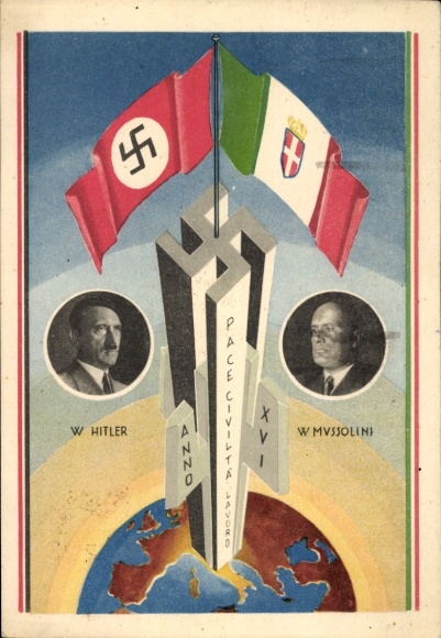 Ak Führer und Reichskanzler Adolf Hitler, Benito Mussolini, Achse Berlin - Rom, Staatstreffen 1938