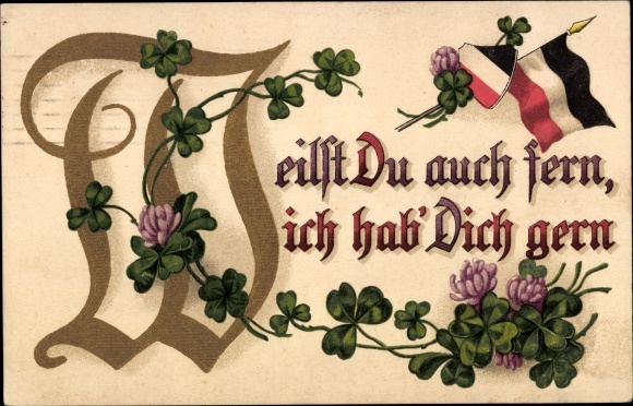 Embossed Postcard Are you also far away, I like you, clover leaves, I. WK