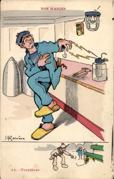 Ak Französischer Marinesoldat, Kriegsschiff, Behälter mit Wasser, Hammer, Tollpatschiger Mann