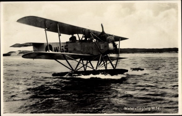 Postcard KM Waterflight W 55, Dutch seaplane, biplane
