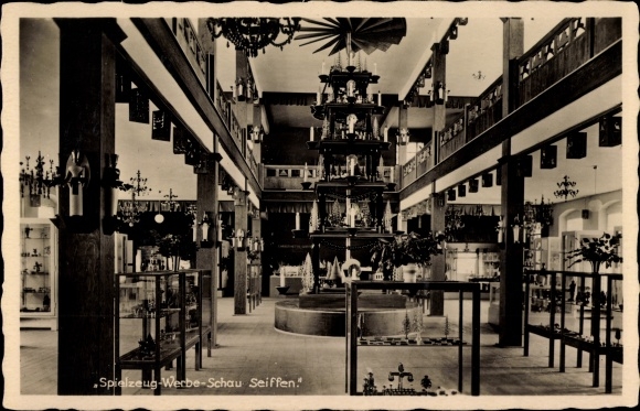 Postcard Seiffen in the Erzgebirge, toy advertising show, pyramid