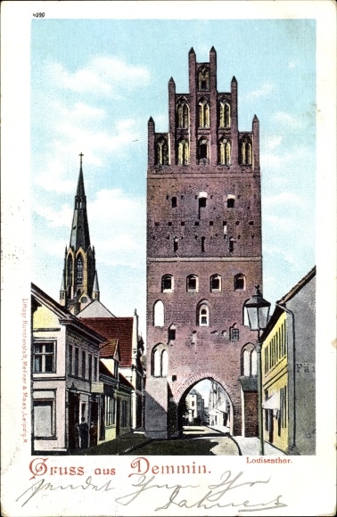 Ak Demmin Mecklenburg, zicht op de Louisentor, kerktoren