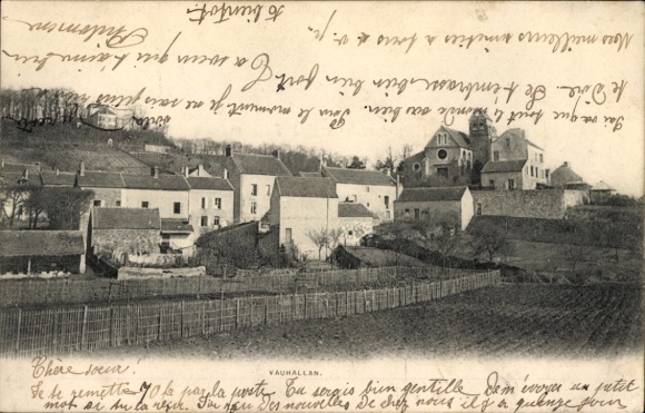 Ak Vauhallan Essonne, Viehhaltende Landschaft, Häuser im Hintergrund, handschriftlicher Text