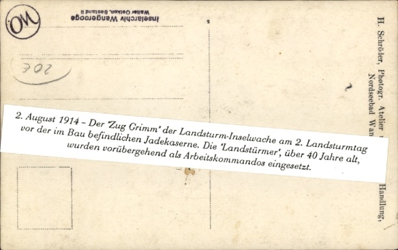foto Ak Wangerooge, Grimm-peloton van de Landsturm-eilandwacht, 2e Landsturmdag, Jadekazerne in aanbouw