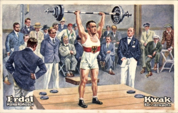 Collector's picture Erdal-Kwak series picture, Rotfrosch brand, floor wax, weight lifting, lightweight