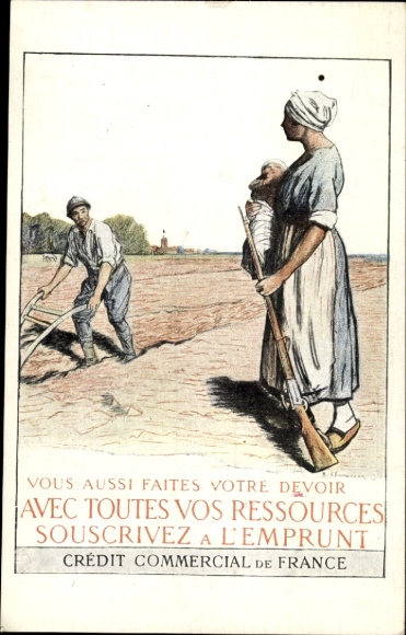 Postcard farmers, agricultural work, field, rifle, advertising