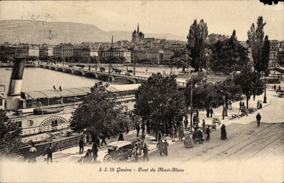 Postcard Genève Geneva Switzerland, bridge to Mont Blanc, saloon steamer at the pier