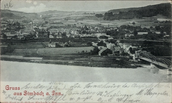 Postcard Simbach am Inn Lower Bavaria, panoramic view of Simbach, Inn landscape, black and white f...