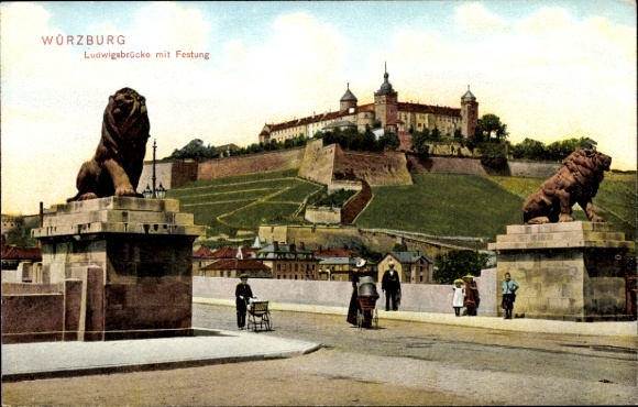 PC Würzburg am Main Lower Franconia, Ludwigsbrücke, fortress, lion statues