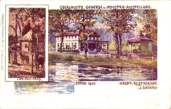Künstler Litho Zittau, Gewerbe und Industrieausstellung 1902, Rehzwinger, Hauptrestaurant Weinau