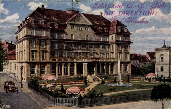 Ak Gotha in Thüringen, Schlosshotel A.-G.  Direktion Harnlein, Garten mit Brunnen, Autos
