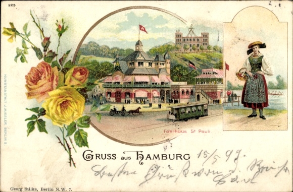 Chromo-Litho Hamburg St. Pauli, tram in front of the ferry house, girl in traditional costume