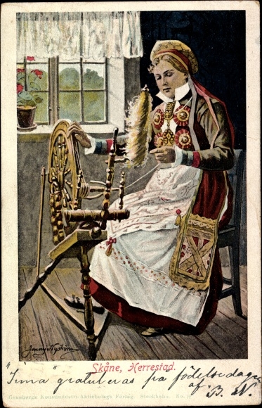 Artist Chromo-Litho Nyström, J., Girl in Swedish folk costume spinning