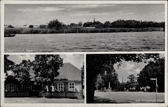 Postcard Teschendorf in der Mark, Panorama, Gasthof W. Bergemann, Kriegerdenkmal