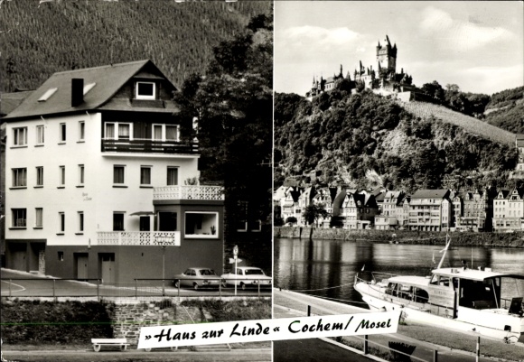 Ak Cochem an der Mosel, Haus zur LInde, Burg, Boot