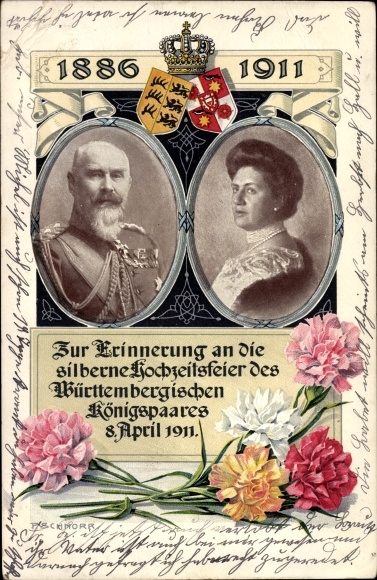 PC King Wilhelm II of Württemberg, Marie zu Waldeck and Pyrmont, silver wedding 1911, coat of arms