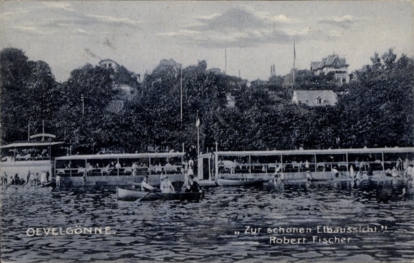 PC Hamburg Altona Oevelgönne, water, pavilions, trees, houses, hills, boats, text notes 'OEVELGON...