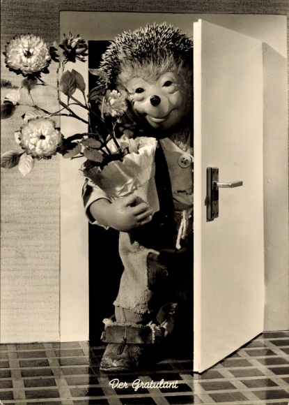 Postcard Mecki the hedgehog, the well-wisher, flower, flower pot, gift
