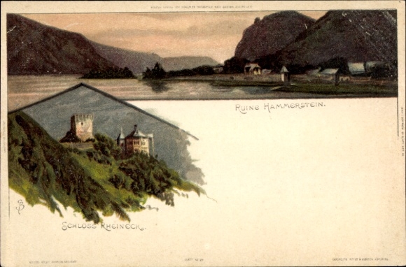Chromo-Litho Bad Breisig, view of Rheineck Castle and Hammerstein Ruin