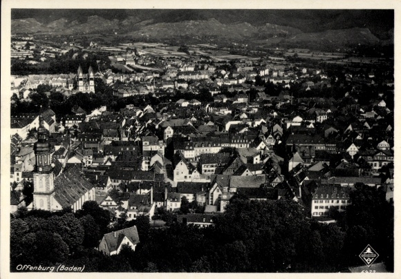 Postcard Offenburg in the Black Forest Ortenaukreis, town, church tower, aerial photograph