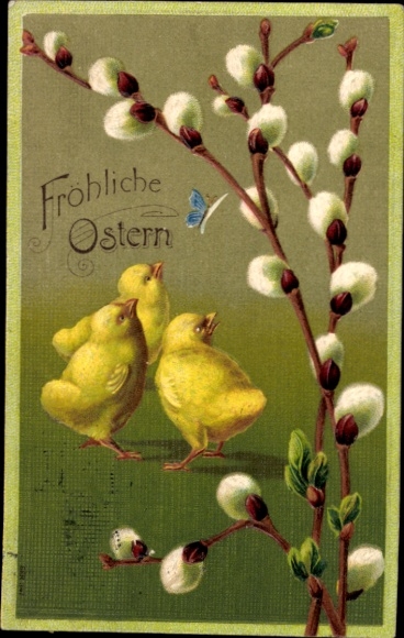 Präge Ak Glückwunsch Ostern, Küken beobachten einen Schmetterling, Weidenkätzchen