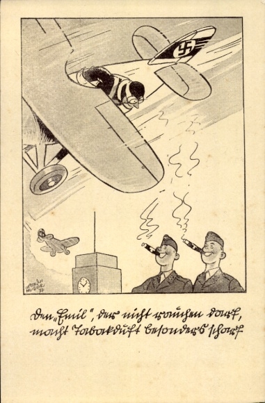 Artist Postcard Wehrmacht, soldier humor, smoking soldiers look up at the fighter plane