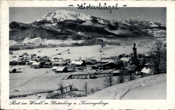 Postcard Reit im Winkl Upper Bavaria, snow-covered houses, behind them the Unterberg and the Kaiser Mountains